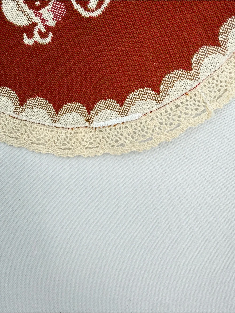 Vintage Austrian Folk Art Round Table Doily Red Cream Alpine Lace Trim